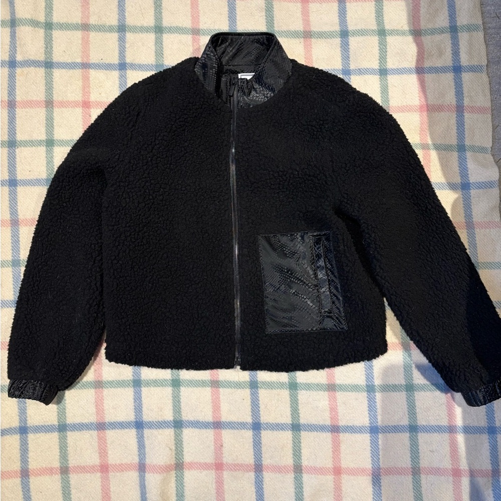Juicy Couture NWT Black Boucle Zip-Up Fleece Jacket with Cheetah Pocket + Collar